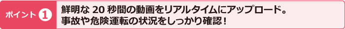 ポイント1　鮮明な20秒間の動画をリアルタイムにアップロード。事故や危険運転の状況をしっかり確認！